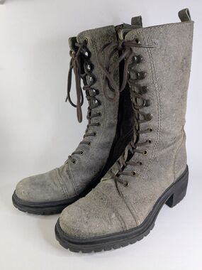 Esprit Women's 8 Gray Distressed Combat Boots Lace Up Side Zip Lug Sole Retro